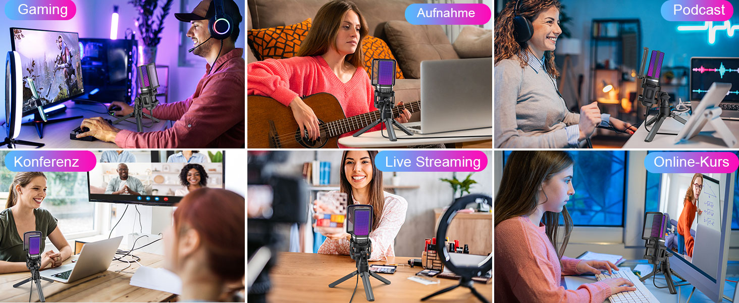 Zealsound USB Мікрофон для ПК та телефону – RGB, з регулюванням гучності, поп-фільтром, тримачем, та 2 адаптерами для подкастів, стрімінгу, Discord, YouTube, TikTok A68