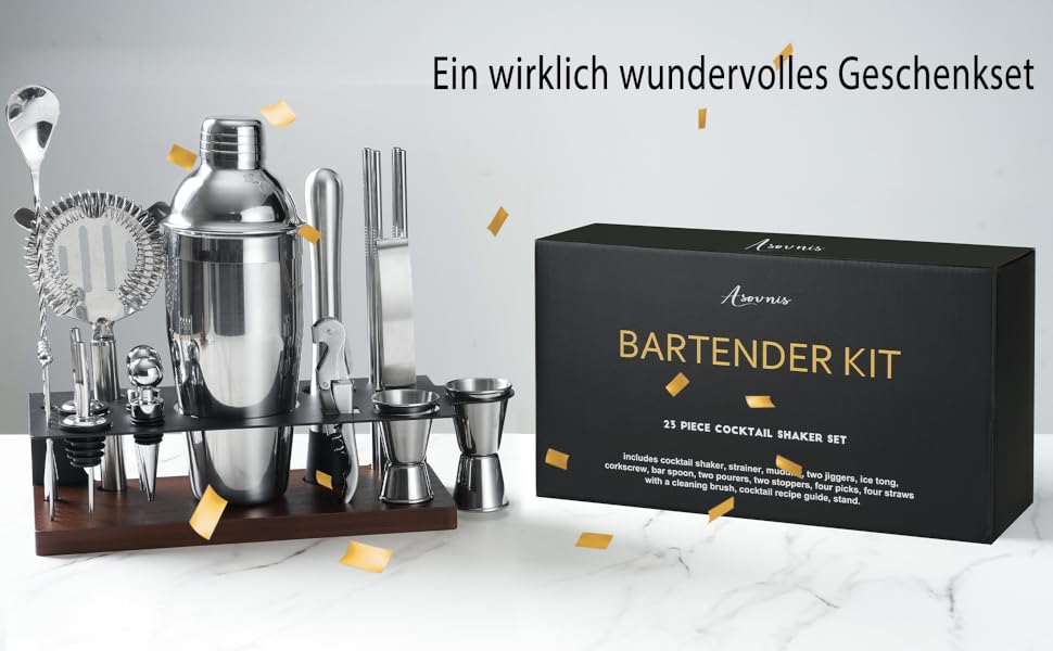 Набір бармена на 23 деталі з підставкою | Комплект шейкерів для коктейлів з усіма необхідними інструментами: шейкер Мартіні, сито, ложка, мадлер, для дому, бару, вечірки (шоколадний)