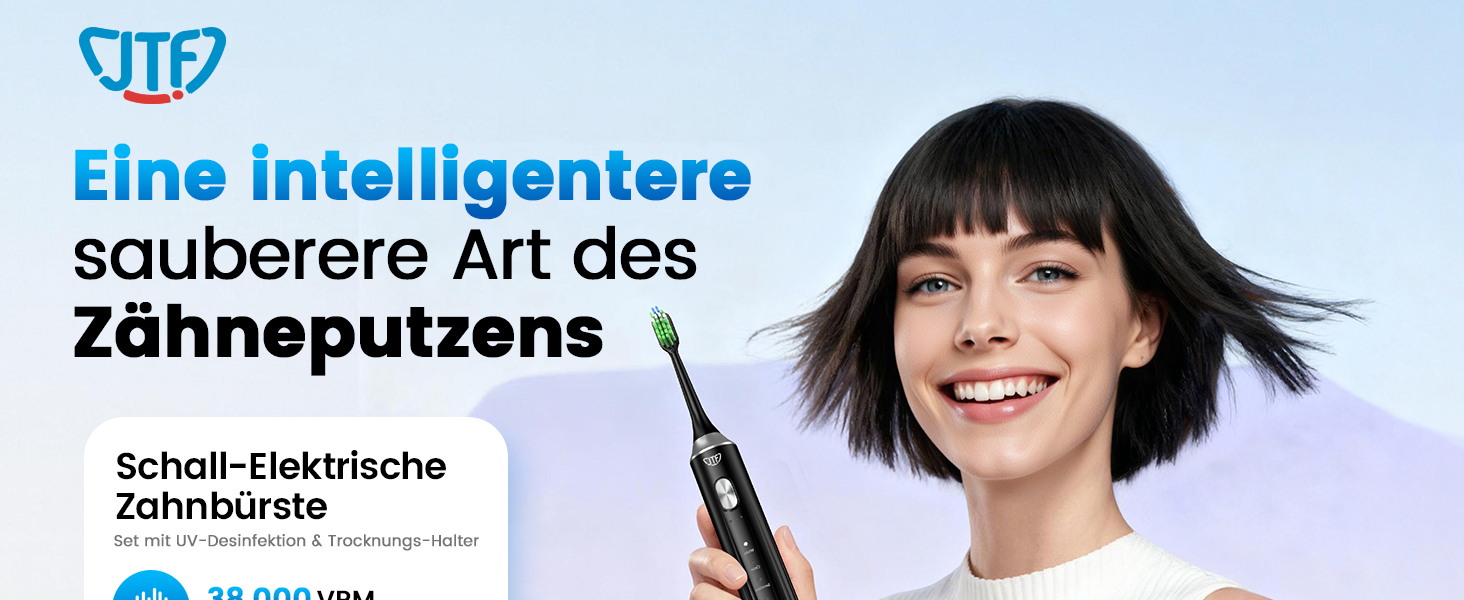 Електрична звукова зубна щітка JTF з УФ-дезінфекцією та сушінням, бездротова зарядка, 5 режимів чищення, 6 насадок, стаканчик для полоскання, акумуляторна для дому та подорожей (Чорна)