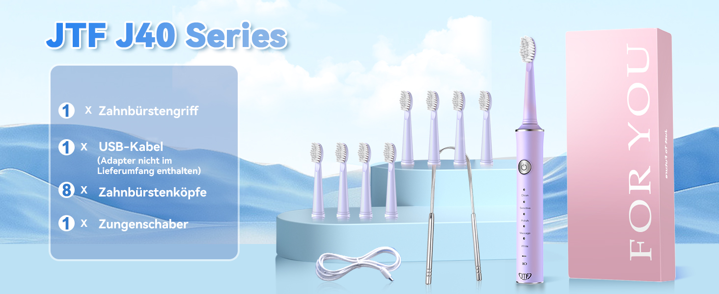 Електрична звукова зубна щітка JTF з очищувачем язика, 8 насадок, 5 режимів, функція пам'яті, таймер 2 хв, IPX7, швидка зарядка 3 год, для дорослих (блакитний) (фіолетовий + очищувач язика)