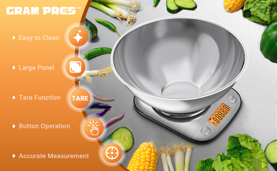Digital Kitchen Food Scale with Bowl - Stainless Steel, 11lb/0.01oz, IPX6 Waterproof - for Baking, Cooking, Dieting