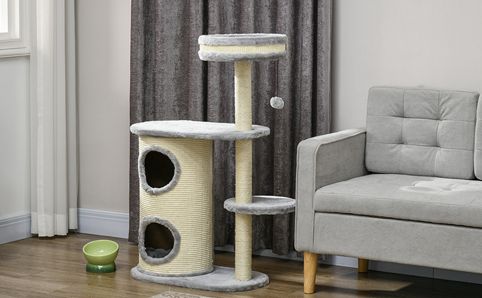 Кігтеточка PawHut для котів 100 см з платформою, м'якими подушками та сизалевими стовпчиками, кремово-білий (сірий)