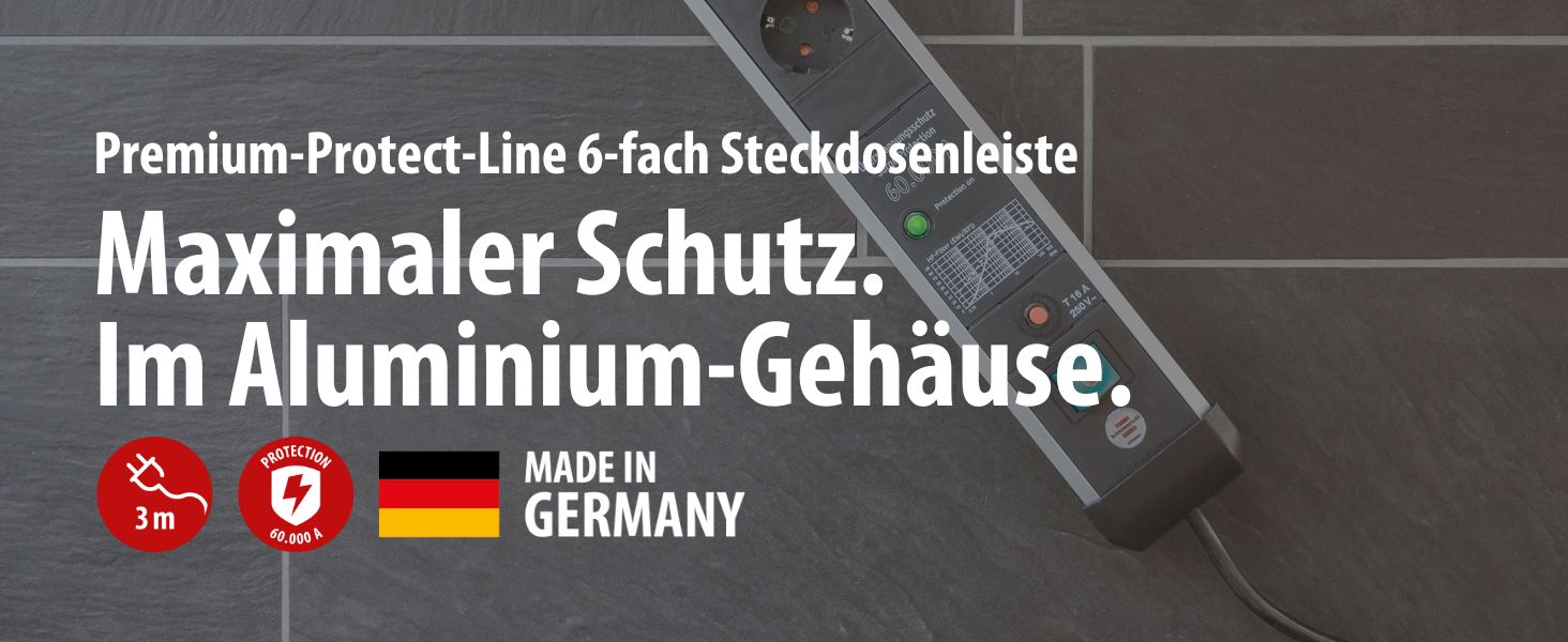 Бренненштуль Premium-Protect-Line Розподільник розеток 6-фазний з захистом від перенапруги 60 000 A (з вимикачем та 3м кабелем, Made in Germany) Срібний/чорний, Нова версія Single