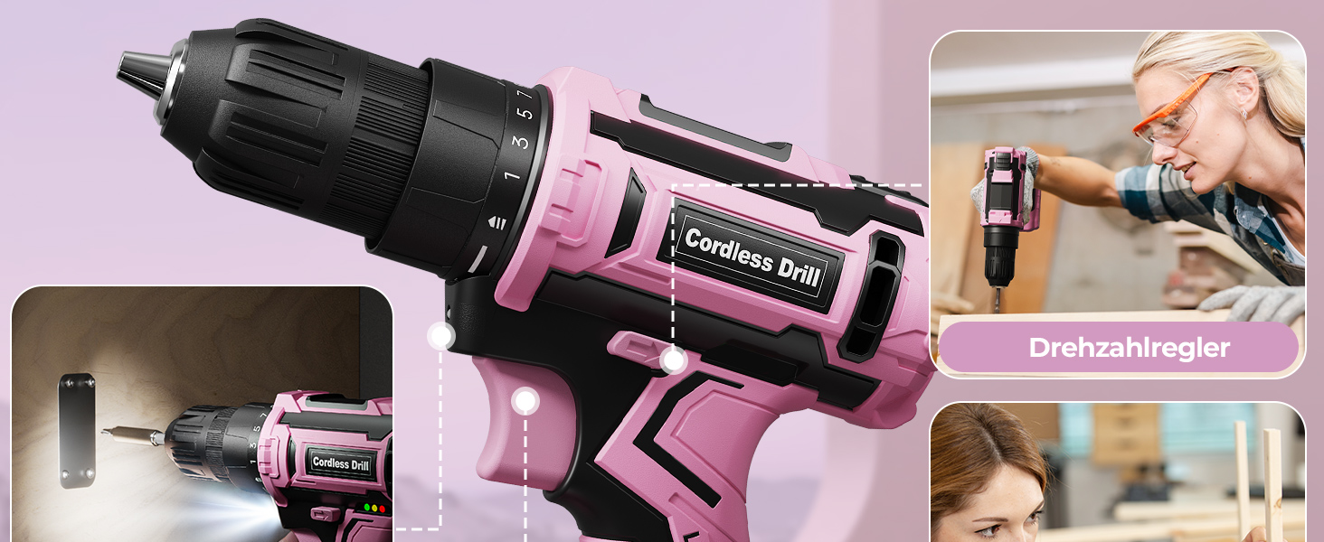 Акумуляторний шуруповерт 20V з набором аксесуарів 85 шт. (85tlg), 42Н.м, 2000mAh, 25+1 момент, 10мм патрон, легкий, LED, рожевий (для подарунка на День святого Валентина)