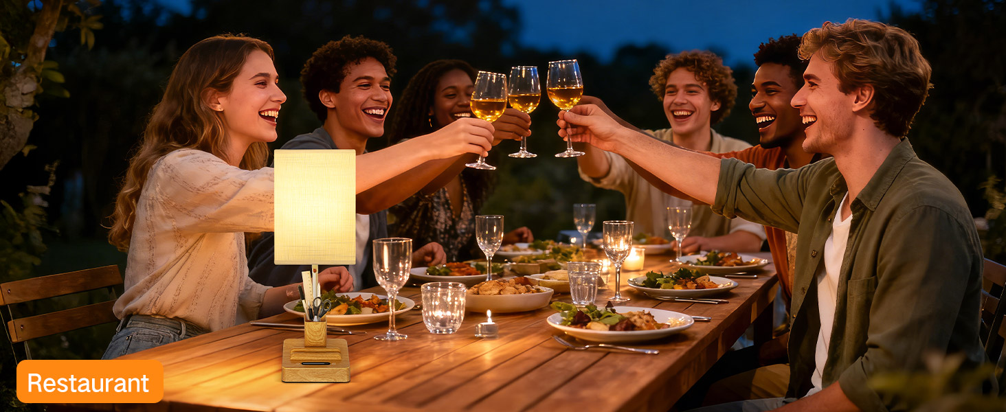 Настільна лампа світлодіодна OUTON 8000mAh бездротова з підставкою для ручок, акумуляторна, тканинний плафон, 3 режими світла, сенсорне керування, димування, індикатор заряду