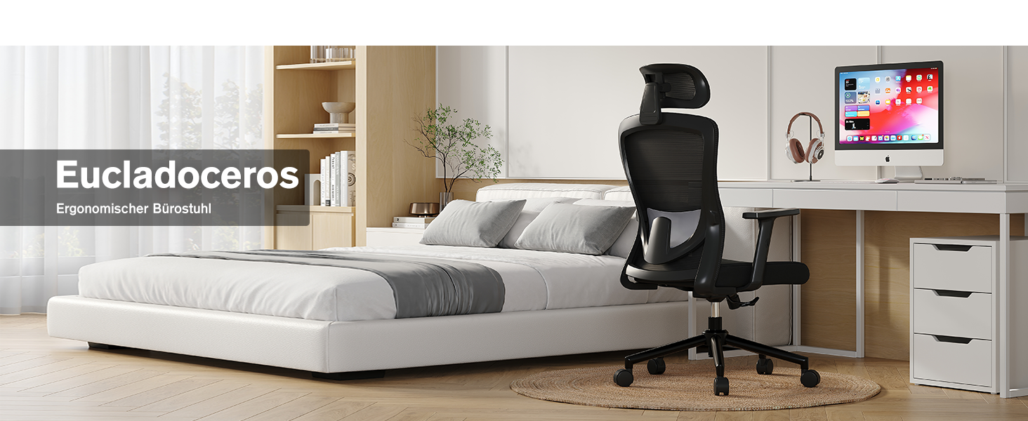 Ергономічне крісло для офісу з регульованою поперековою підтримкою, 2D підголівником та підлокітниками, поворотне, до 150 кг, чорний колір, нейлон