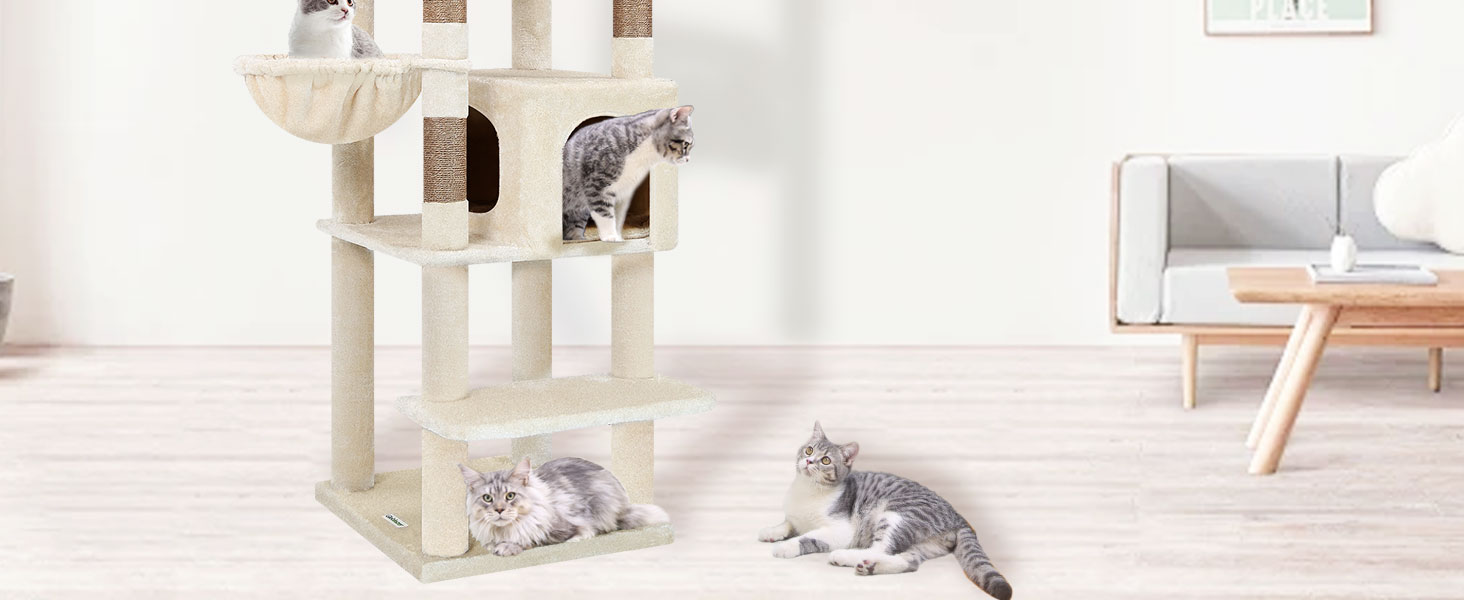 Драбинка для котів Globlazer XXL Бежева, 188 см: великий будиночок, платформа, 2 кошики, стабільна, кутова, легко миється (S74)