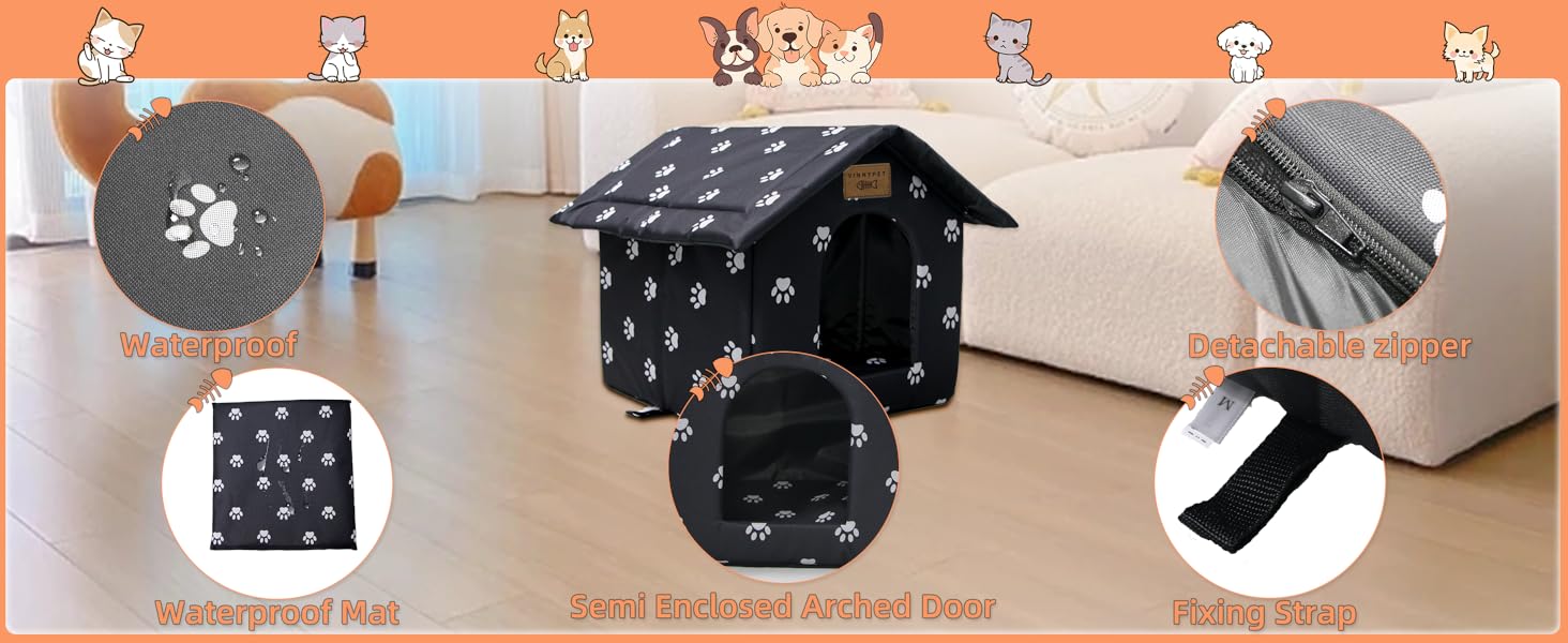 Vinnypet Outdoor Cat House - Winterproof, Waterproof, Warm Pet Shelter with Plush Cushion - Dog House, Stray Animal Shelter - 40x35x40cm Grey