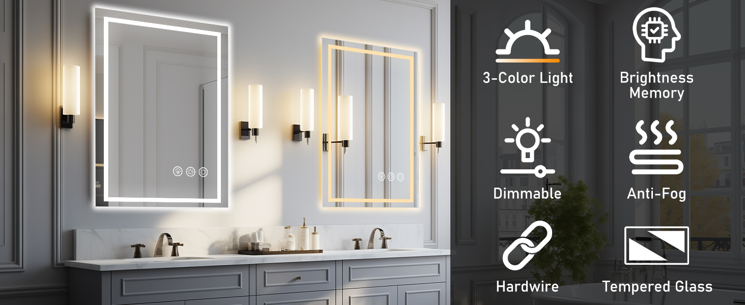 Дзеркало для ванної кімнати 50x70 см з LED-підсвічуванням, антизапарювання, диммування, 3 кольори світла