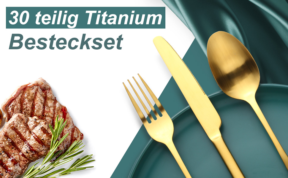 Набір столових приборів Bestdin 30 предметів з нержавіючої сталі, матове золото. Набір ножів, виделок, ложок для 6 осіб, посудомийна машина