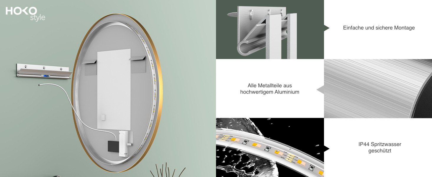 Дзеркало для ванної кімнати HOKO ULM 60 см з підсвічуванням LED, нагрівом проти запотівання та сенсорним вимикачем. Колір: золото. Розміри: 80x80 см