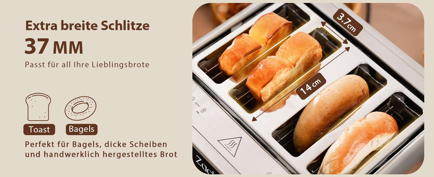 Тостер на 4 шматочки з сенсорним екраном та таймером – нержавіюча сталь, довгі слоти, 2 незалежні зони температури, підставка для бургерів та сендвічів, 6 програм, срібний колір