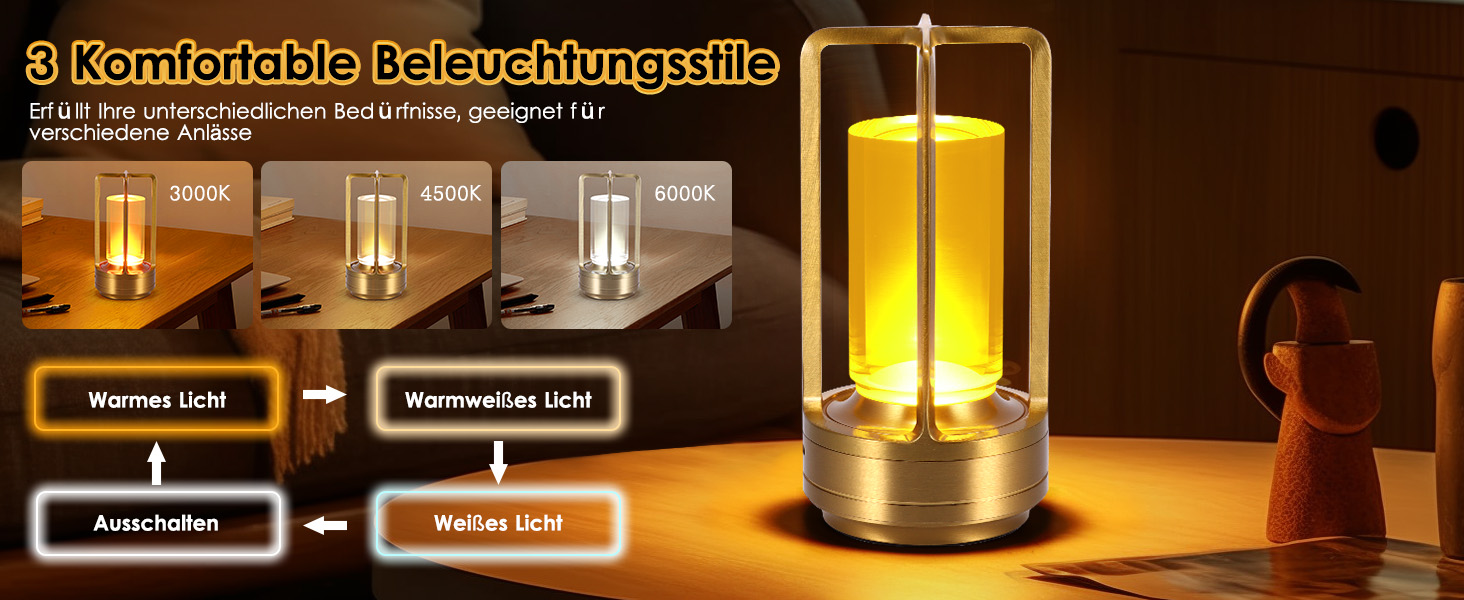 Торшер з торканням, бездротова LED лампа в стилі вінтаж, USB-зарядка, 3 кольори, регулювання яскравості, для спальні, офісу, вітальні, декор, подарунок (золотий)