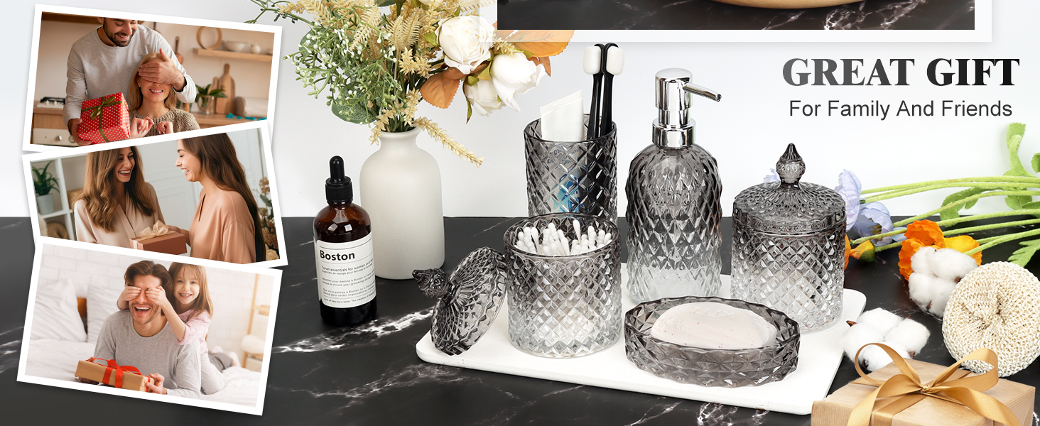 Набір аксесуарів для ванної кімнати зі скла (5 шт.) - чорний: мильниця, диспенсер для мила, тримач для зубних щіток, контейнер для ватних паличок, стакан