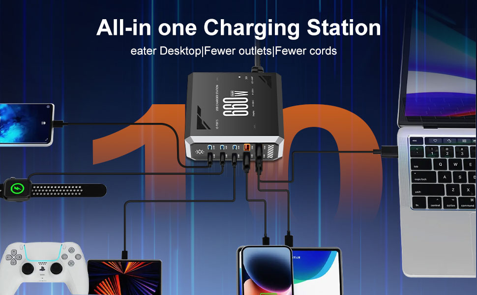 Зарядний пристрій USB 240W, 6 портів: 4xUSB + 2xUSB-A для MacBook Pro/Air, iPad, iPhone 15 Pro, Samsung (швидка зарядка)