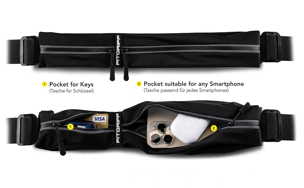 Пояс для телефону Fitgriff® - спортивний пояс для бігу, джогінгу, фітнесу. Підходить для смартфонів S-M, обхват талії 62-90 см, чорний