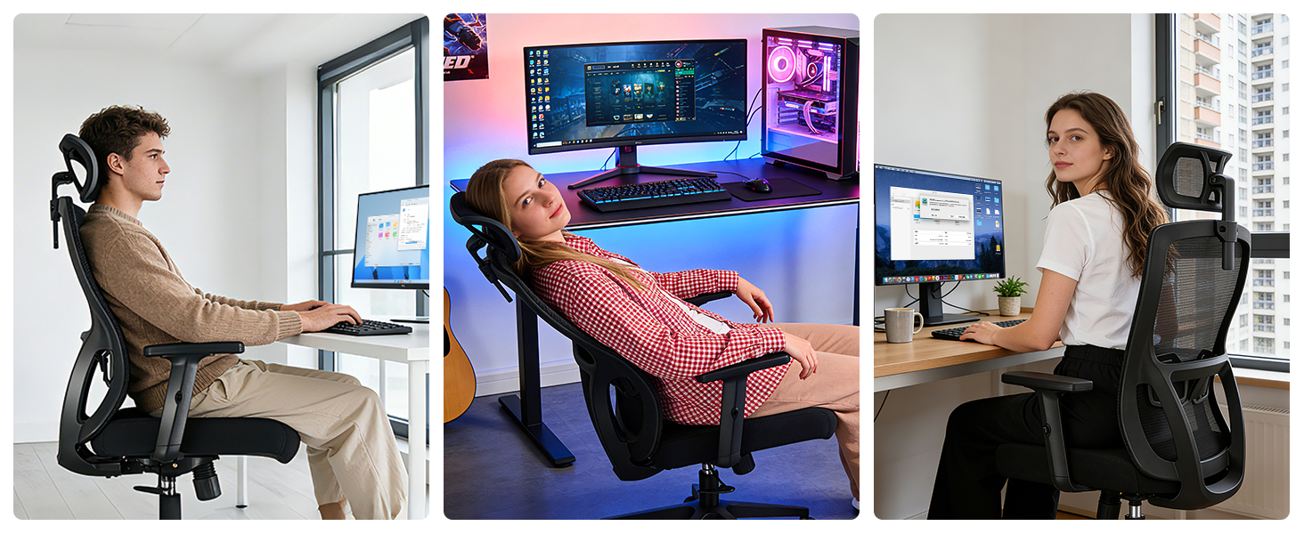 Ергономічне офісне крісло з регульованою спинкою та підголівником, до 150 кг, чорне X-Large