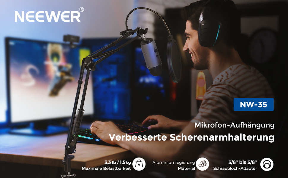 Тримач для мікрофону Neewer NW-35: регульований підвіс-кріплення для мікрофону, сумісний з Yeti, Quadcast та іншими