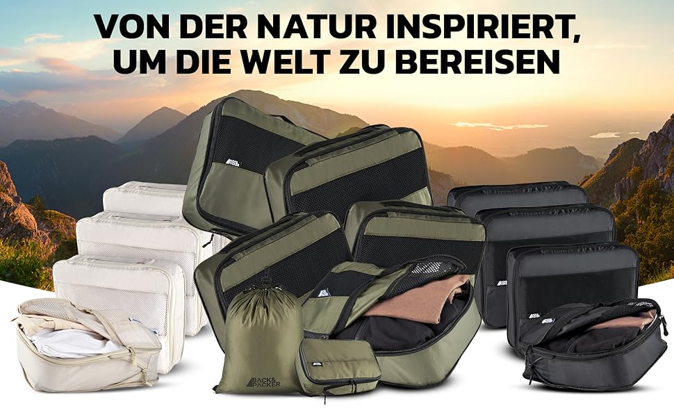 Набір органайзерів для валізи BACK&PACKER, 6 шт, з компресією, з переробленого матеріалу, оливковий, пакувальні куби та мішок для мокрого одягу