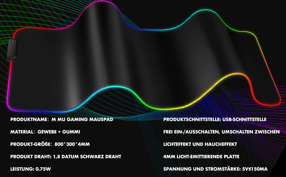 MU Gaming Mousepad RGB, XXL, 800x300mm: килимок для миші геймерський, RGB підсвічування, чорний