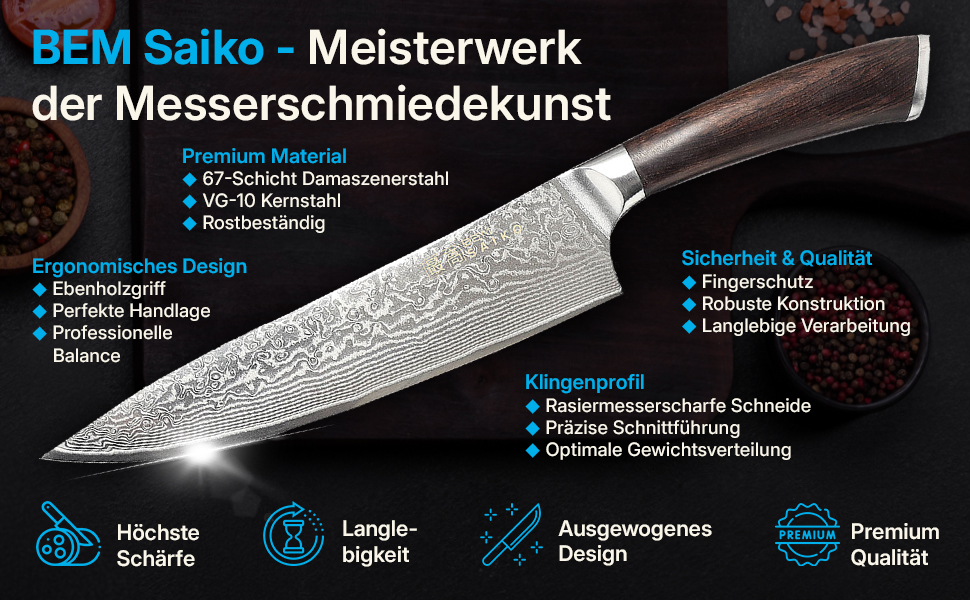 Набір кухонних ножів BEM Master Chef 6 шт. з підставкою: кухонний, овочевий, хлібний, універсальний ножі + точилка (дамаст)