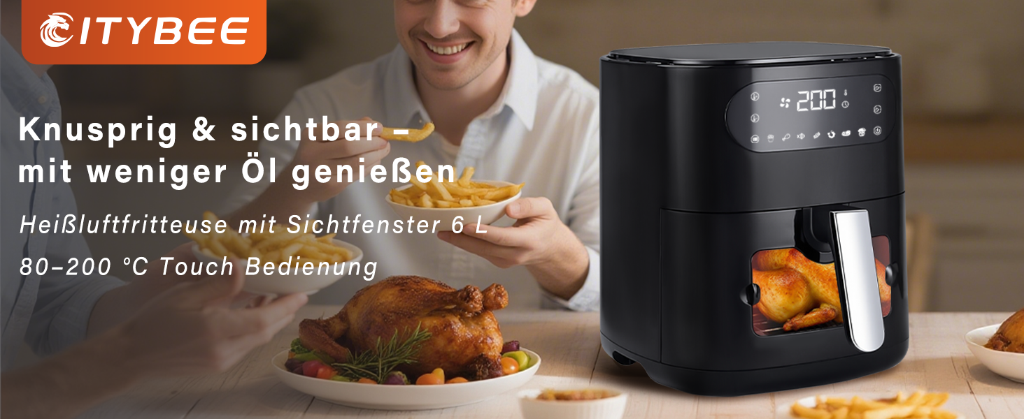 Фритюрниця повітряна 6L з окремим кошиком, прозорим вікном та 7 програмами - тиха, легко чиститься, з таймером та сенсорним екраном, 10 листків пергаменту для сімейного використання (Чорна)