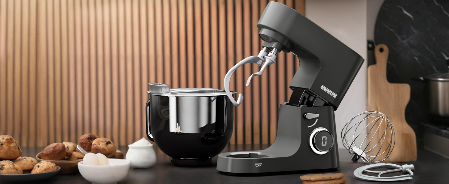 Кухонна машина Heinrichs 2500W з двома гаками для тіста, міксером та вінчиком, 8 швидкостей, чаша 7л з нержавіючої сталі, тиха, з титановим покриттям