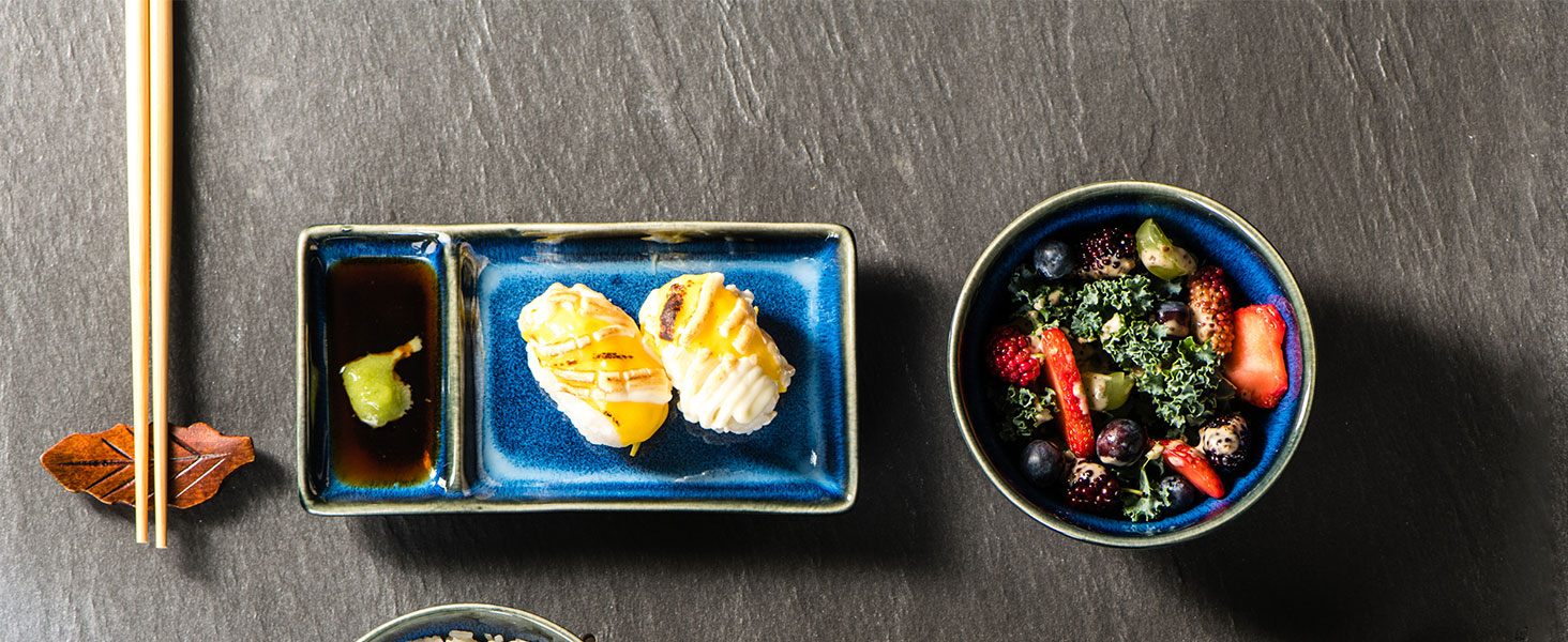 Набір посуду для суші HENXFEN: 2 тарілки, ложки, для місо-супу та ролів, зелений (морський блакитний)