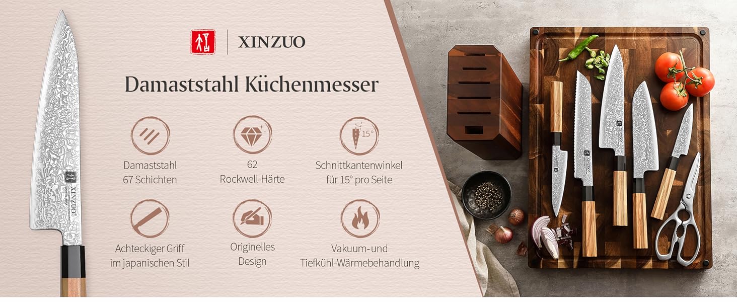 Японський ніж Kiriсuke від XINZUO з дамаської сталі, 21.5 см, Gyuto, ручка з оливкового дерева та чорного рогу буйвола, з піхвою, ручна робота, професійний ніж для кухні