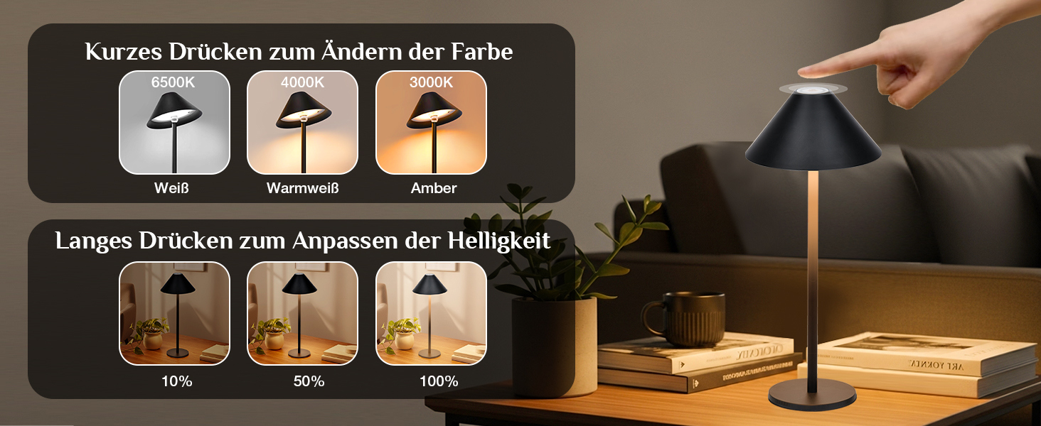 Світлодіодна настільна лампа Rosnek бездротова, акумуляторна 4000 mAh з димером, поворотна на 360°, чорна