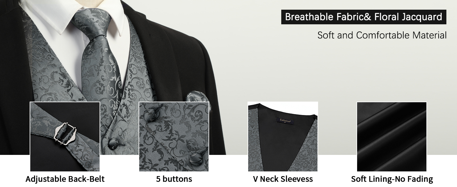 Костюм-тріо Enlision для чоловіків: жилет, краватка та нагрудна хустинка з квітковим патерном пейслі, чорний, розмір L