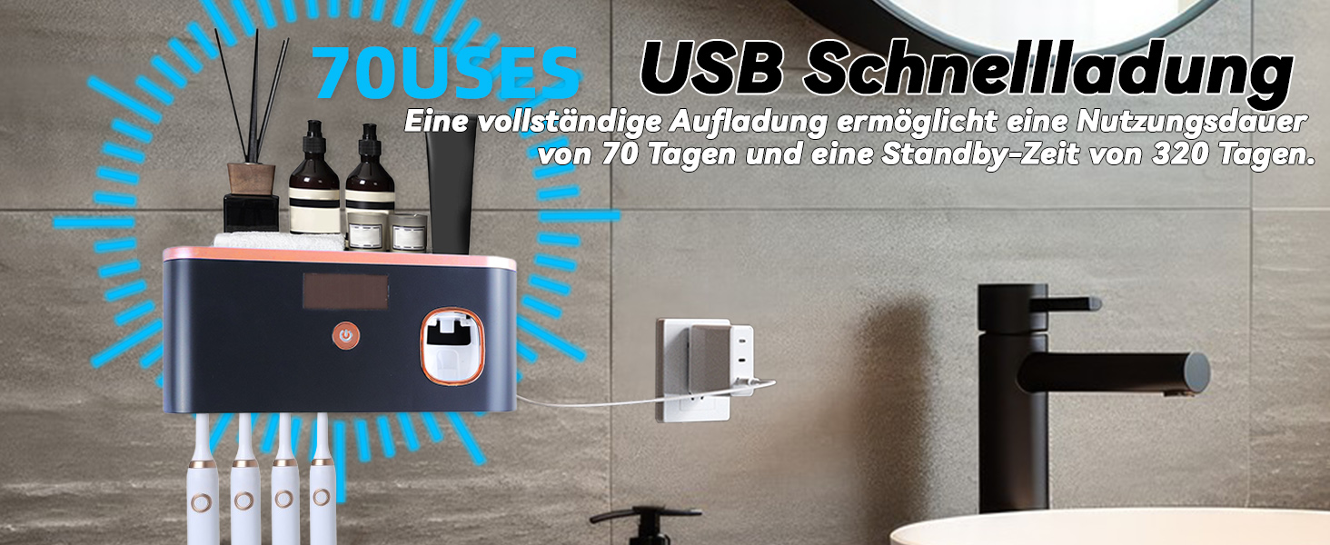 Автоматичний диспенсер зубної пасти з UV-дезінфекцією та тримачем для зубних щіток на 6 щіток, монтаж без свердління. Підходить для дітей та дорослих. Чорний колір