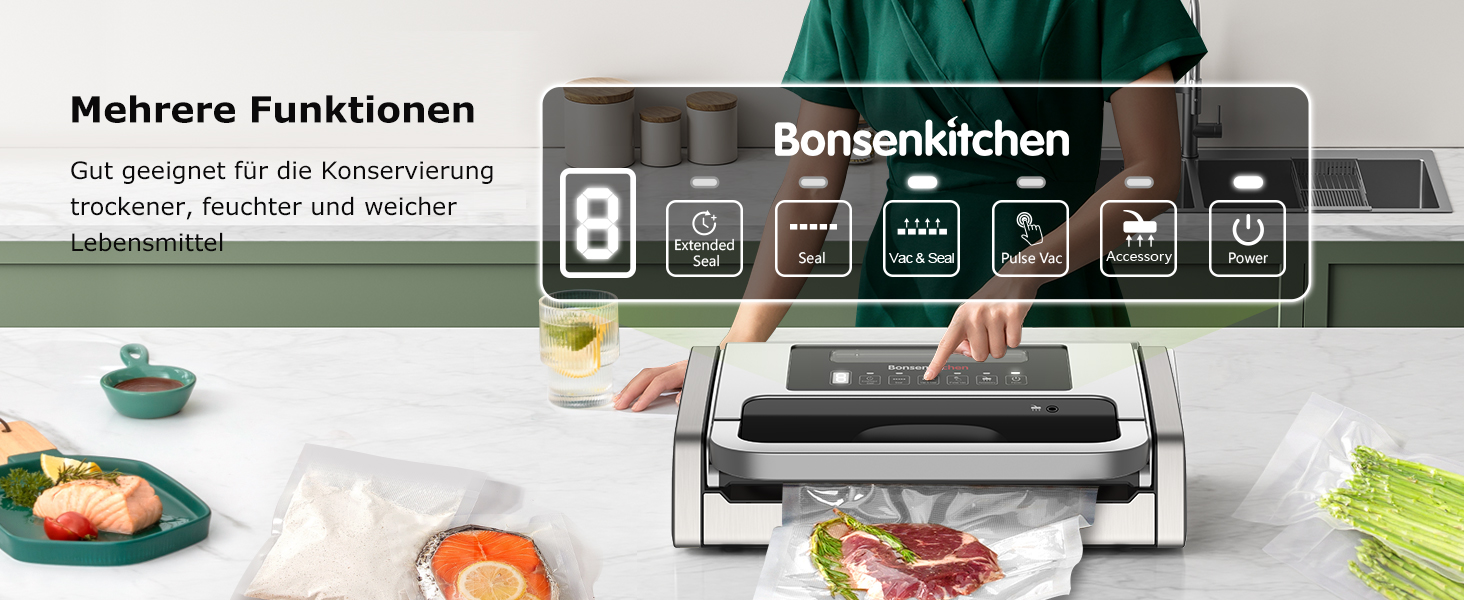 Вакуумний пакувальник Bonsenkitchen 15 л/хв - високопродуктивний, сертифікований, з інтегрованим ножем та 2 рулонами