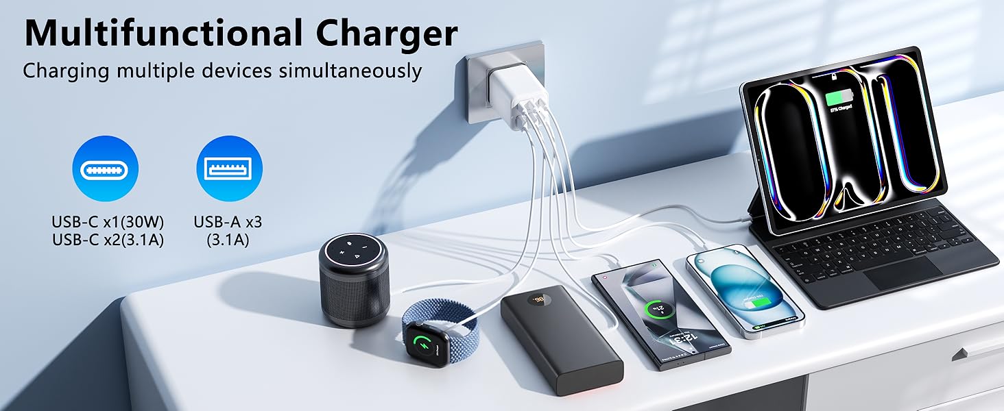 Зарядний пристрій USB-C 60W, 6 портів (3x USB-C, 3x USB-A), PD+QC швидка зарядка, адаптер живлення для iPhone 14/15/16/17, Samsung S24/S23/S22 - Білий