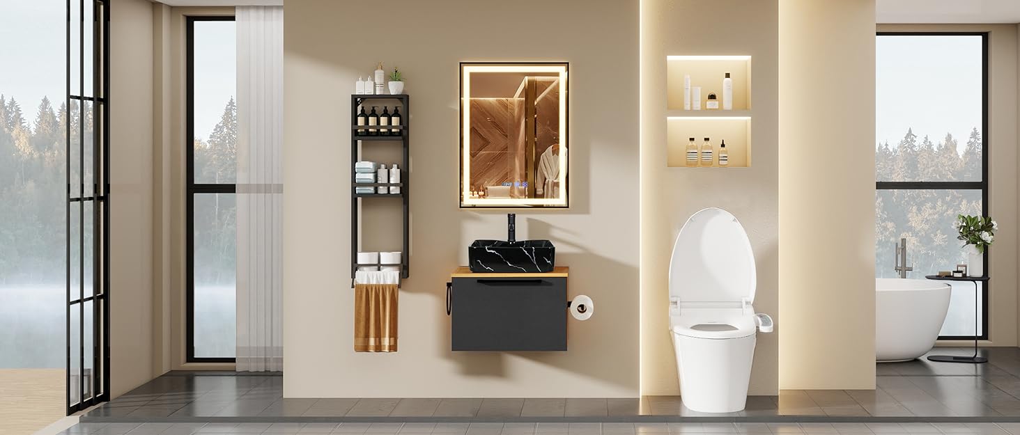 Дзеркало для ванної кімнати YU YUSING з підсвічуванням 60x80 см, антизапар, 3 кольори світла, регулювання яскравості, LED-дзеркало з годинником, IP44, вертикальне, срібло (чорний металевий каркас, 70x50 см)