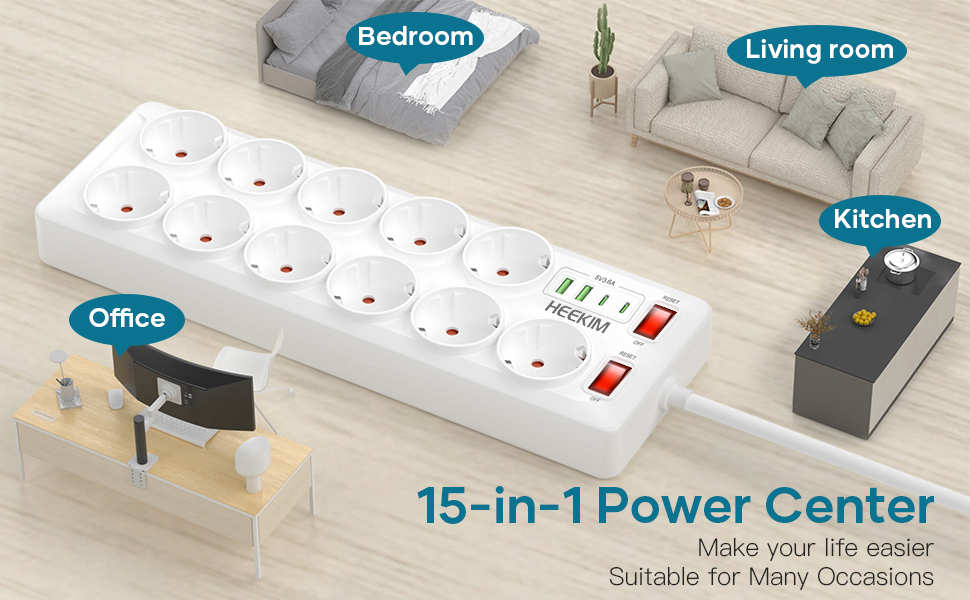 Многофункціональна мережева планка з USB, 11 розеток, вимикач, 2 USB-A та 2 USB-C порти, 4000W, 16A, 2 вимикачі, 2м кабель - білий