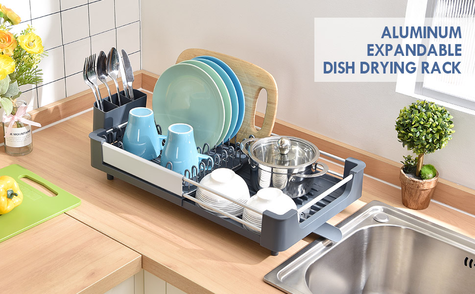 Стійка для посуду KINGRACK: розширювана, з нержавіючої сталі, з підставкою для столових приборів, антиковзаюча, сірого кольору