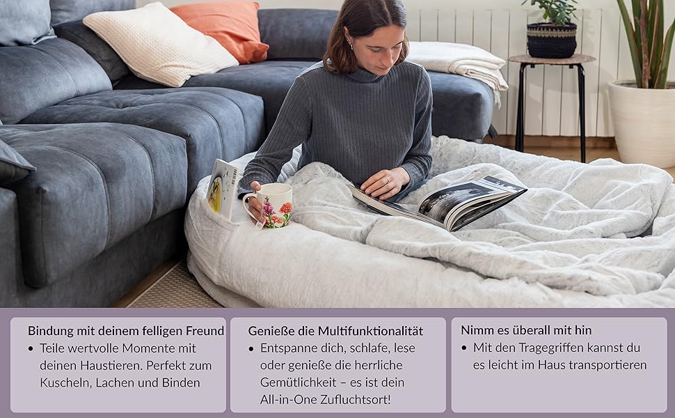 Dog Bed for Humans & Dogs | Huge Human Dog Bed for People | Warm & Comfortable Beanbag Bed | Dog Bed for People & Pets in Human Size | Blanket Included & Removable Cover | Grey (Light Grey)