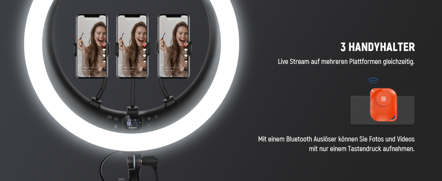 NEEWER Ringlicht RP19H 19 дюймів з триподом та 3 тримачами для телефону, RGB, 42W, CRI 97+, 2540 Lux, для стрімінгу, офісу, Zoom