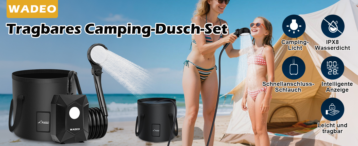 Портативна душова кабіна WADEO з акумулятором, насосом та підсвічуванням, 120 хвилин роботи, LED-підсвічування, комплект мобільної душової з 2м шлангом, душовою насадкою, тримачем та відром для душу, для саду, миття авто, тварин, пляжу, подорожей, чорного кольору, з відром на 20л