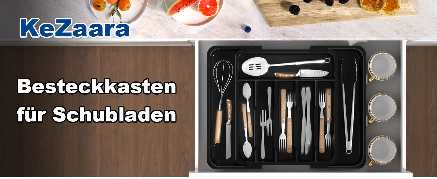 Органайзер для столових приборів в шухляду 40 см, чорний, пластиковий, з регульованими перегородками (6-8 відділень)