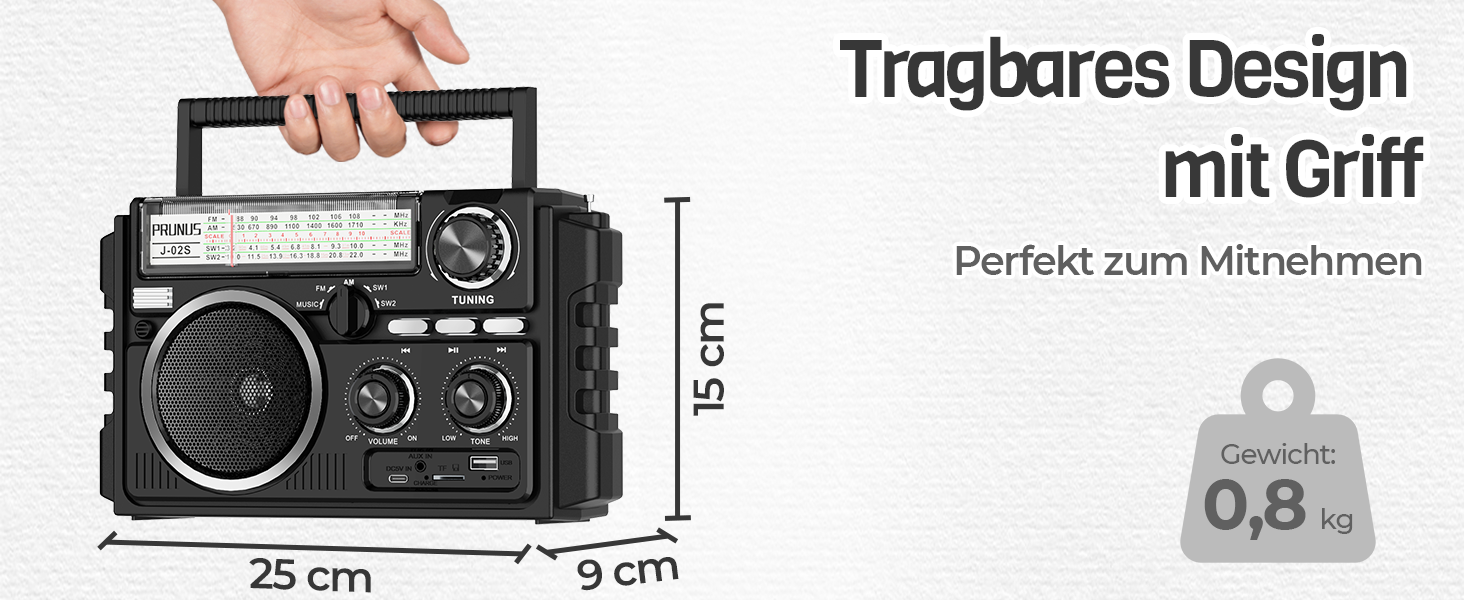 Портативне радіо PRUNUS J-02 AM/FM/SW: сонячне радіо з акумулятором 1800mAh, Bluetooth 6.0, TF-карта, USB, 2 антени