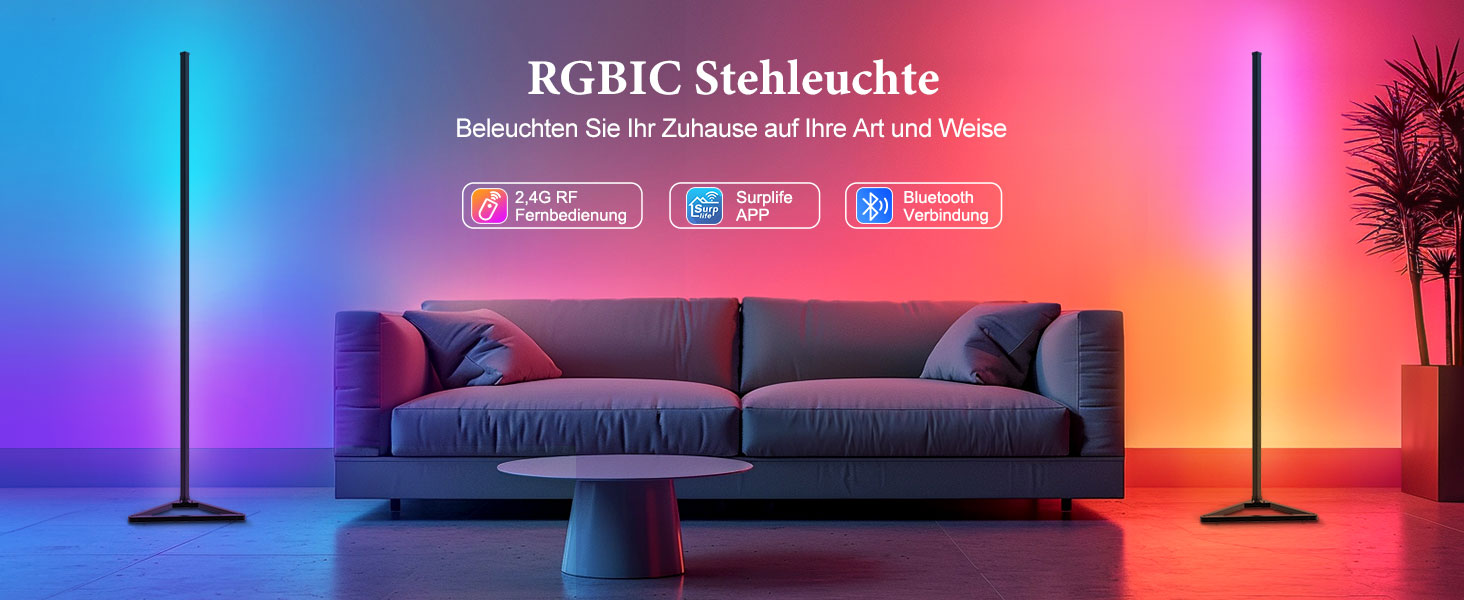 LED торшер з RGBIC підсвічуванням, 140 см, регульований, з пультом керування, 16 мільйонів кольорів, 300 режимів, музичний режим, таймер, для вітальні (чорний/білий)
