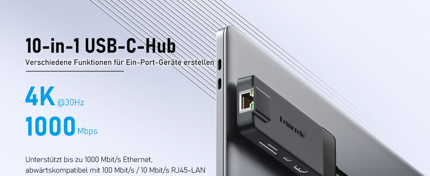 Lemorele USB-C Док-станція 10-в-1: Gigabit Ethernet, 4K HDMI, 4x USB 3.0/2.0, 100W PD, SD/TF, для MacBook/Dell/HP/Lenovo/Asus