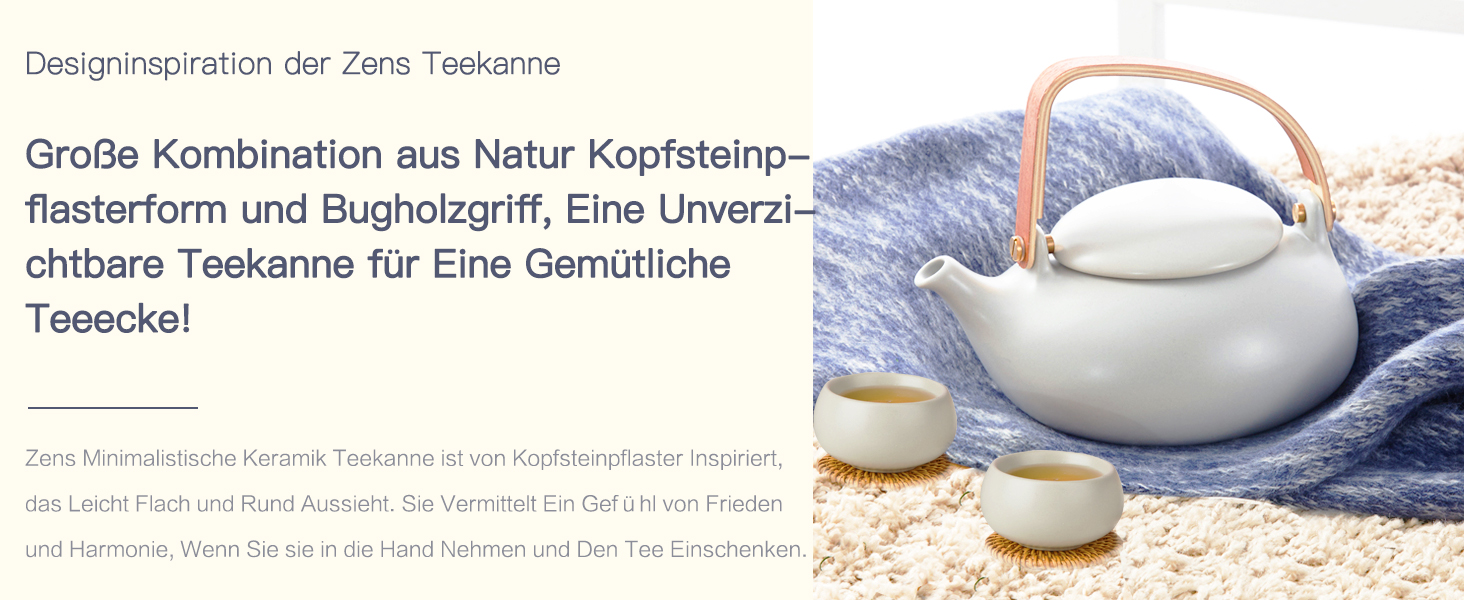 ZENS Modern Japanese Teapot, 800ml Matte White Ceramic Teapot with Infuser, Wooden Handle Small Japanese Teapot for Loose Leaf Tea, White Tea, Green Tea Steeper, Gift for Tea Lovers (10-grey Tea Service-4 Cups)