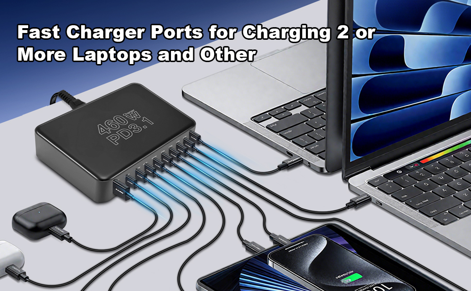 Зарядний пристрій USB-C 460W, 10 портів, PD 3.1 100W/45W/35W/20W для MacBook, iPad, iPhone, HP, Samsung Galaxy та ін. (Сірий)