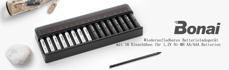 Зарядний пристрій BONAI для акумуляторів AA AAA з LED-індикатором, 16 слотів, універсальний, чорний