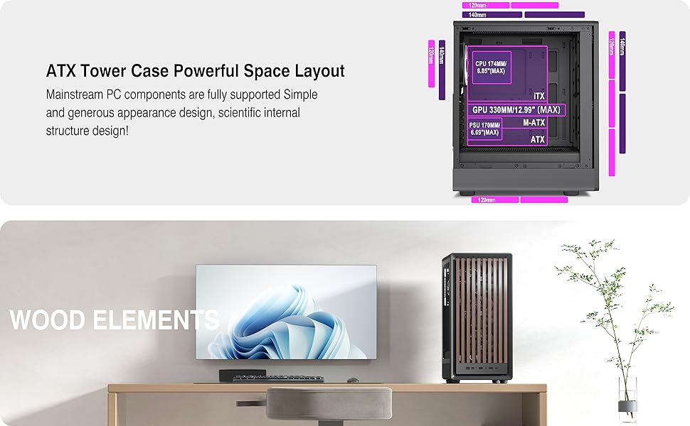 Корпус ПК FOIFKIN M1 з дерев'яною передньою панеллю з горіха, встановлений 4 PWM ARGB вентилятор, Mid-Tower для ігрового ПК, з Type-C, чорний (чорний, M1)