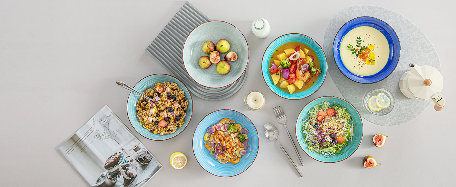 Набір супових тарілок Vancasso Bonita (6 шт) з кераміки, 38oz, блакитні