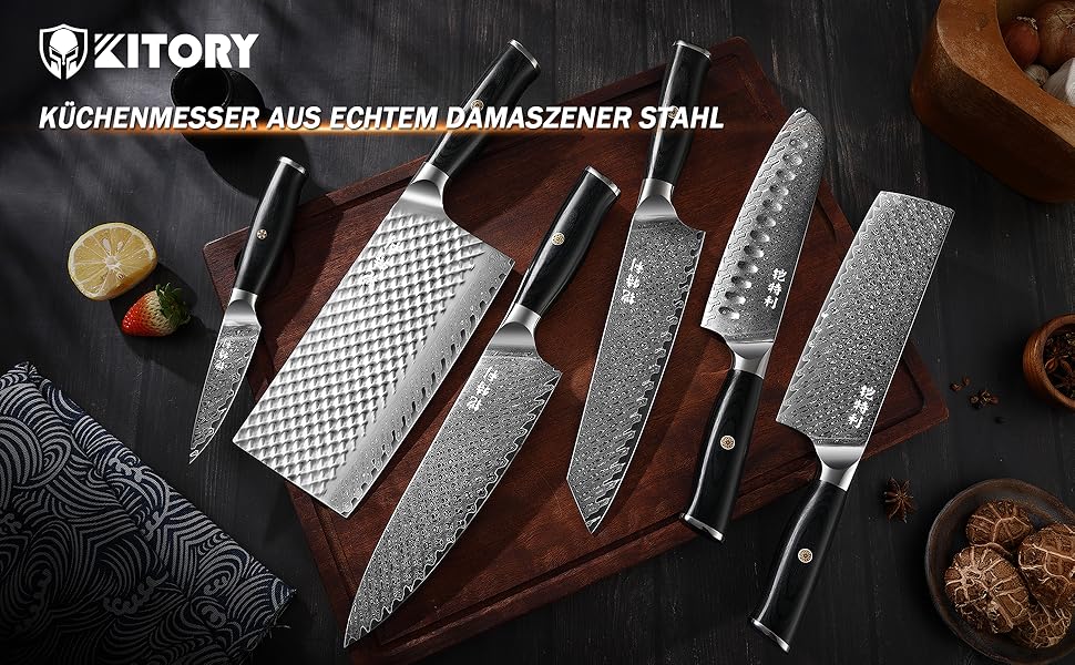 Ніж кухарський Kitory Damastmesser 20см Pro з лезом з 73 шарів дамаської сталі 10Cr15CoMoV та ручкою з паккавуду
